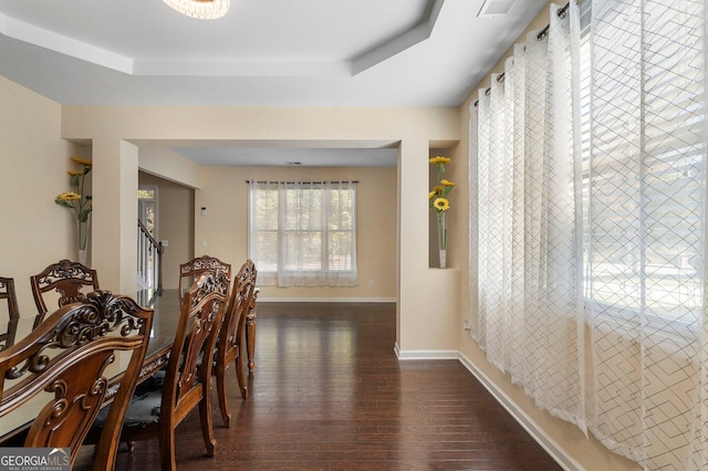 dining room with a tray ceiling and dark wood-type flooring