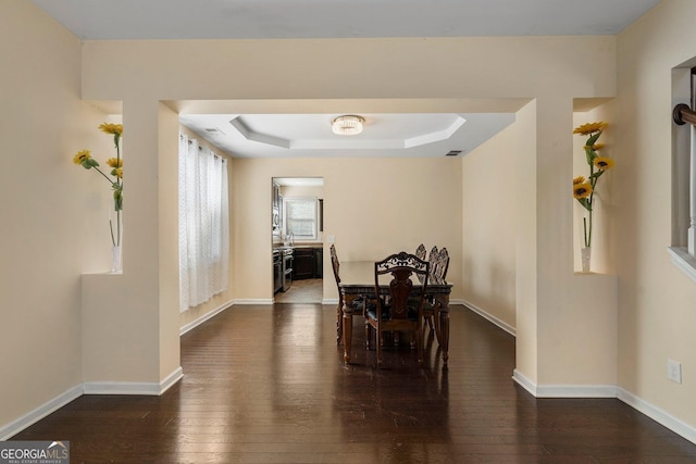 dining room with a raised ceiling and dark wood-type flooring