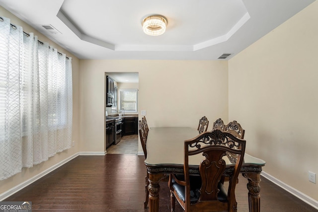 dining area featuring dark hardwood / wood-style flooring, a tray ceiling, and plenty of natural light