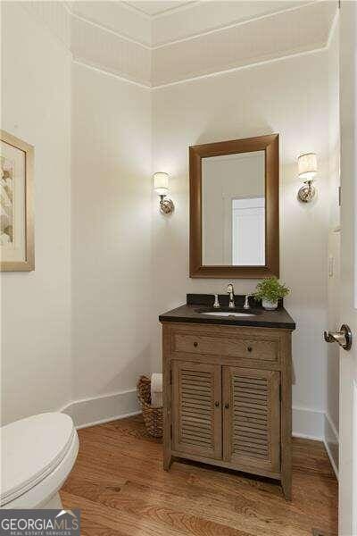 bathroom with vanity, toilet, and wood-type flooring