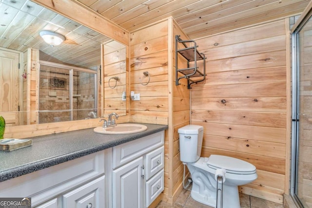 bathroom with wooden walls, a shower with door, vanity, toilet, and wooden ceiling