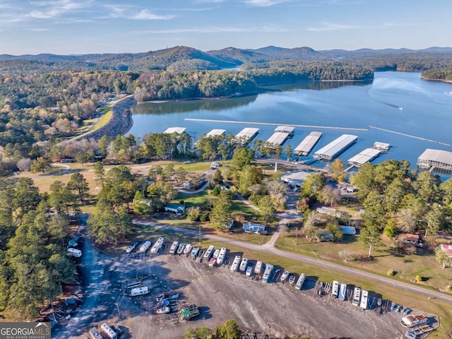 drone / aerial view with a water and mountain view