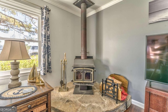 interior space with hardwood / wood-style flooring, ornamental molding, and a wood stove