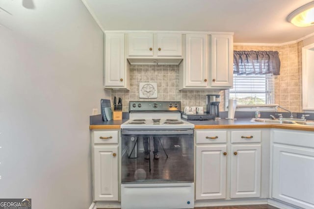 kitchen featuring decorative backsplash, white cabinetry, sink, and white electric range oven