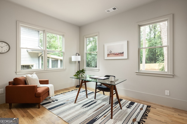 office with light hardwood / wood-style flooring and plenty of natural light