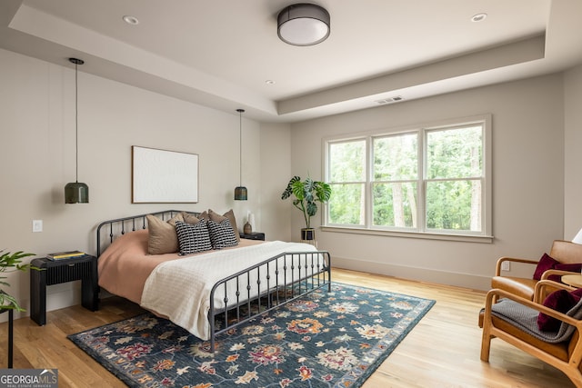 bedroom with wood-type flooring and a raised ceiling