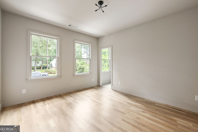 empty room with a wealth of natural light and light hardwood / wood-style flooring