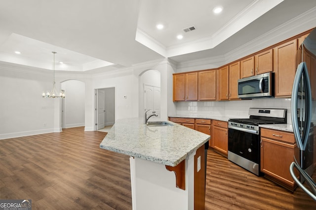 kitchen featuring stainless steel appliances, a raised ceiling, a kitchen island with sink, sink, and dark hardwood / wood-style floors