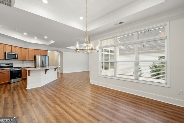 kitchen with a tray ceiling, hanging light fixtures, appliances with stainless steel finishes, and dark wood-type flooring