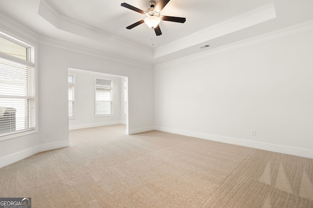 carpeted spare room featuring ornamental molding, ceiling fan, and a raised ceiling