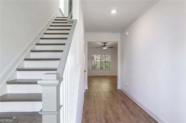 stairway with ornamental molding, ceiling fan, and wood-type flooring