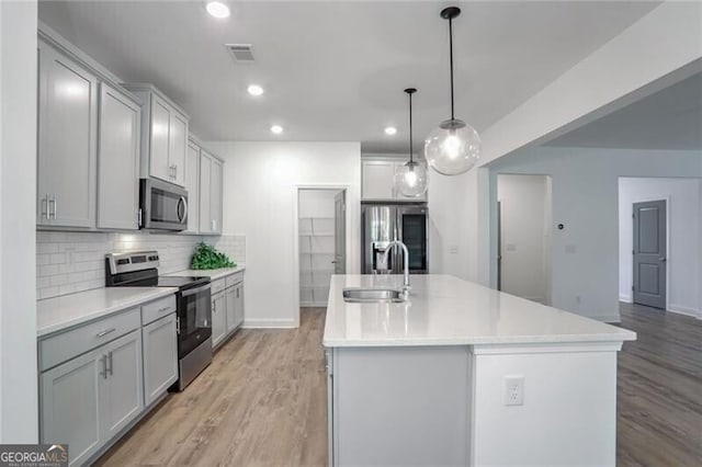 kitchen featuring sink, hanging light fixtures, an island with sink, appliances with stainless steel finishes, and light wood-type flooring