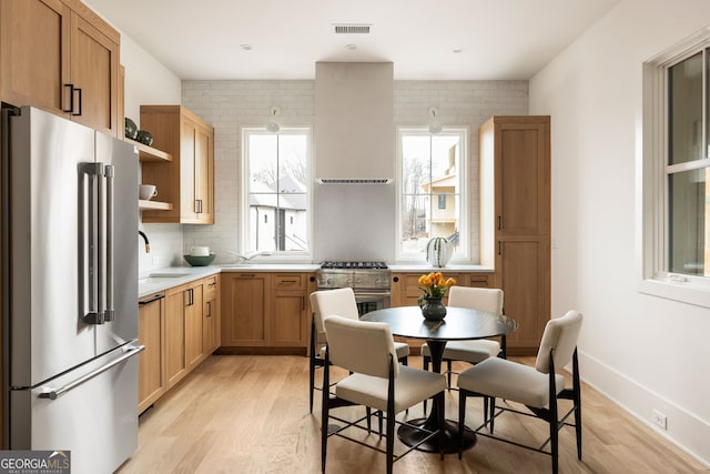 kitchen featuring high quality appliances, sink, backsplash, light wood-type flooring, and wall chimney exhaust hood