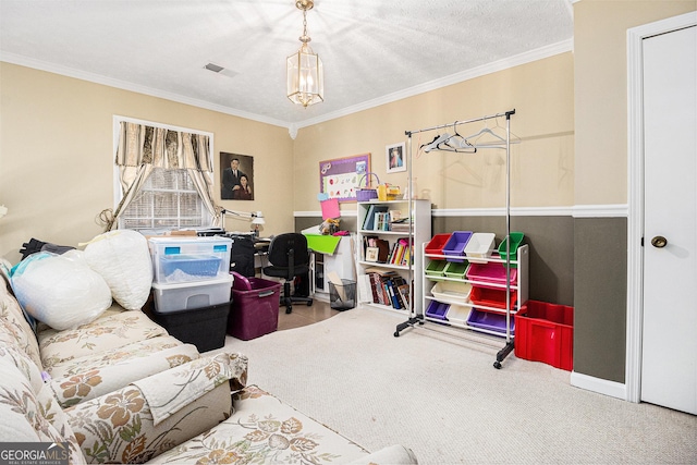 interior space featuring crown molding, carpet floors, and a textured ceiling