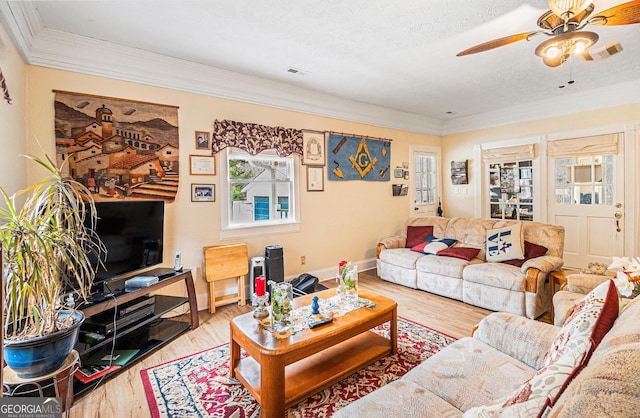 living room featuring crown molding, hardwood / wood-style floors, a textured ceiling, and ceiling fan