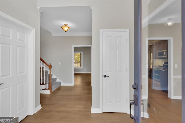 foyer entrance featuring hardwood / wood-style flooring and ornamental molding