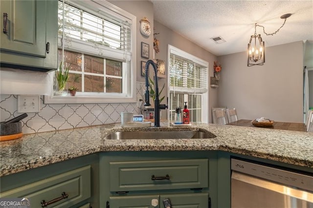 kitchen featuring decorative backsplash, sink, stainless steel dishwasher, and green cabinetry