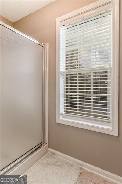 bathroom featuring a shower with door