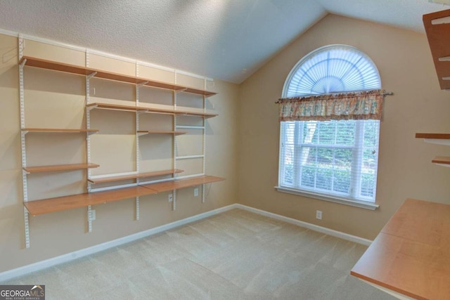 interior space featuring a textured ceiling, lofted ceiling, and carpet flooring