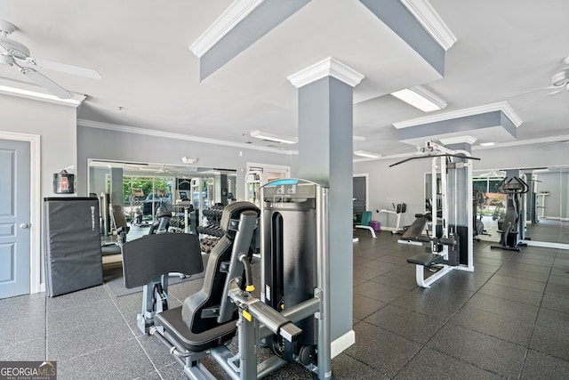 exercise room with ceiling fan, ornate columns, and crown molding