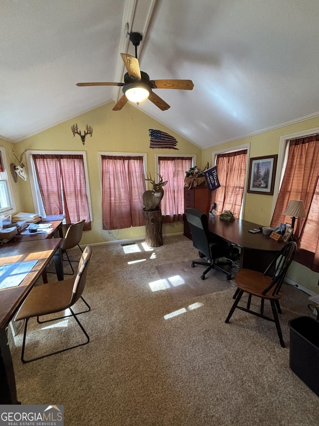 carpeted office space featuring ceiling fan, vaulted ceiling with beams, and a textured ceiling