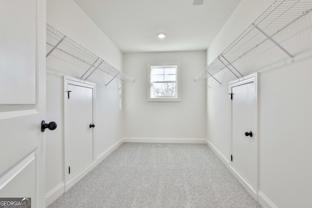 walk in closet with light colored carpet