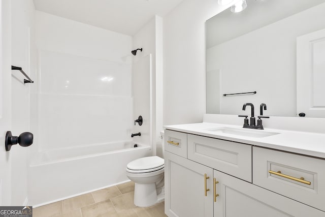 full bathroom with tile patterned flooring, vanity, toilet, and washtub / shower combination