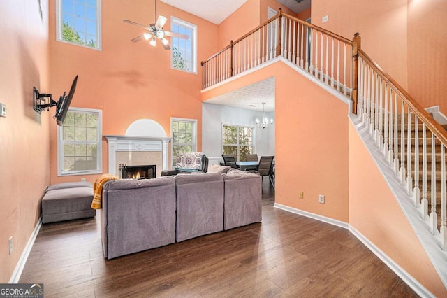 living room with dark hardwood / wood-style flooring, ceiling fan with notable chandelier, and a high ceiling