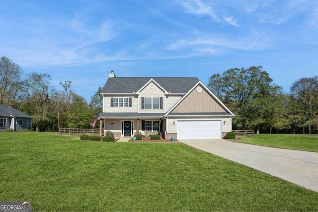 view of front facade with a front yard, a garage, and covered porch