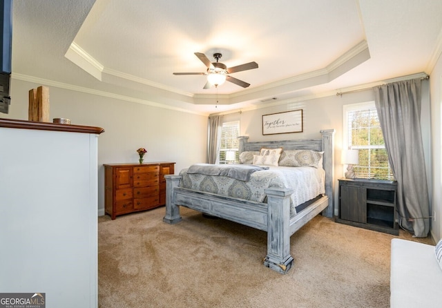 carpeted bedroom with ceiling fan, crown molding, and a tray ceiling