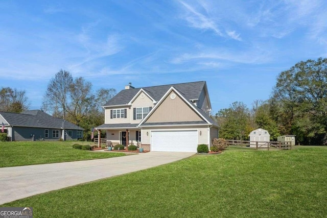 view of front of property with a front lawn, covered porch, and a shed