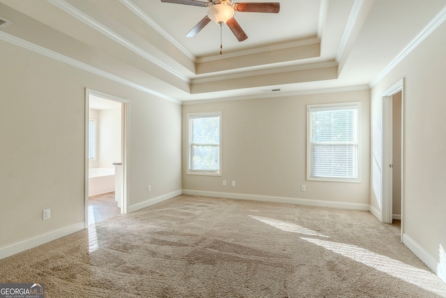 carpeted spare room with a raised ceiling, ornamental molding, and ceiling fan