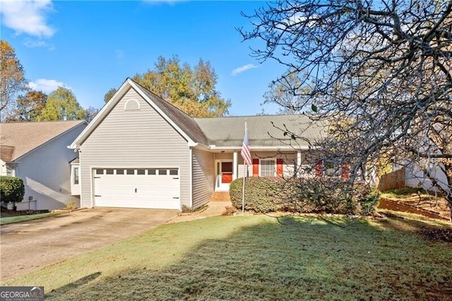 ranch-style house with a garage and a front lawn