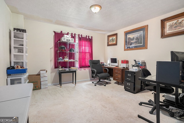 home office featuring carpet, baseboards, and a textured ceiling