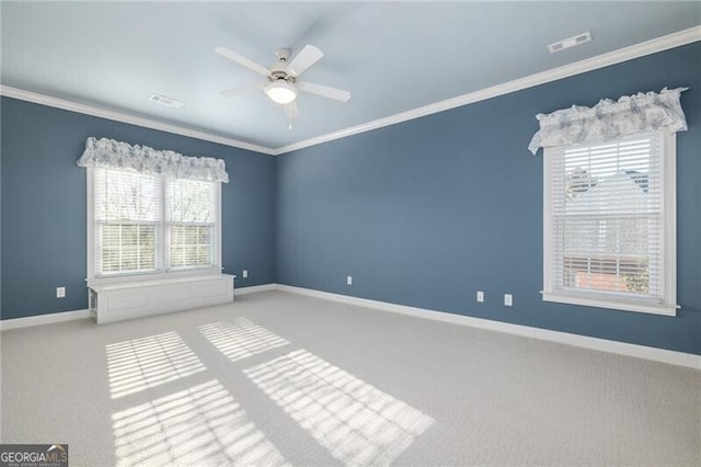 empty room featuring ceiling fan, carpet, and ornamental molding