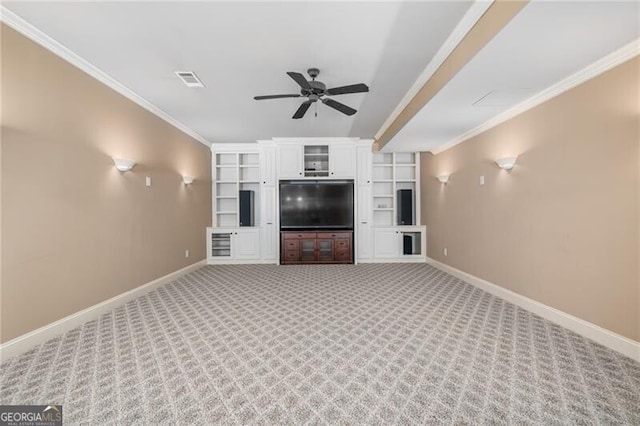 unfurnished living room with crown molding, carpet floors, and ceiling fan