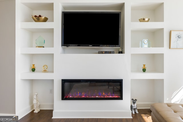 interior details featuring built in shelves and wood-type flooring