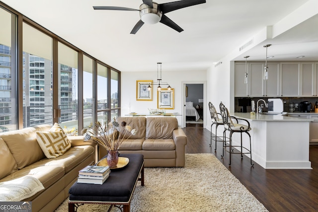 living room featuring sink, dark wood-type flooring, and ceiling fan with notable chandelier