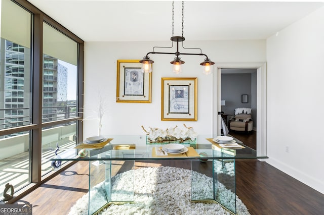 dining space with wood-type flooring