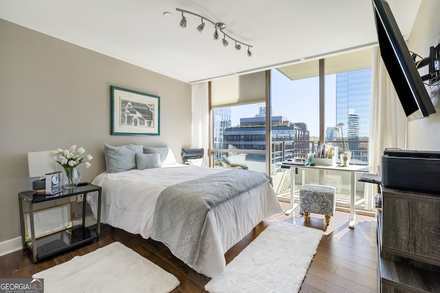 bedroom featuring dark hardwood / wood-style floors and rail lighting