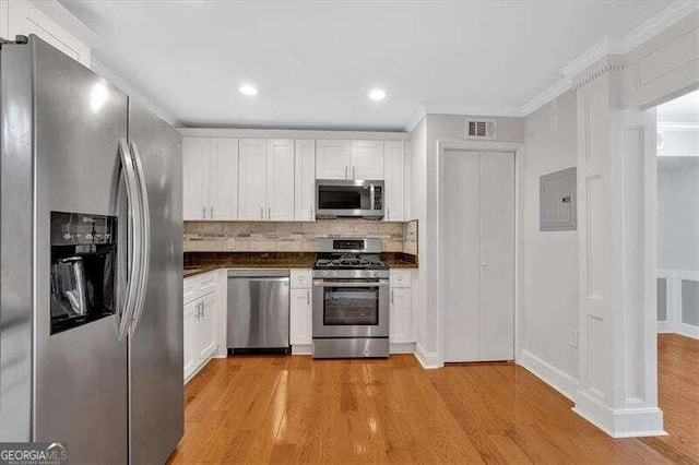 kitchen featuring electric panel, white cabinetry, light hardwood / wood-style floors, and appliances with stainless steel finishes