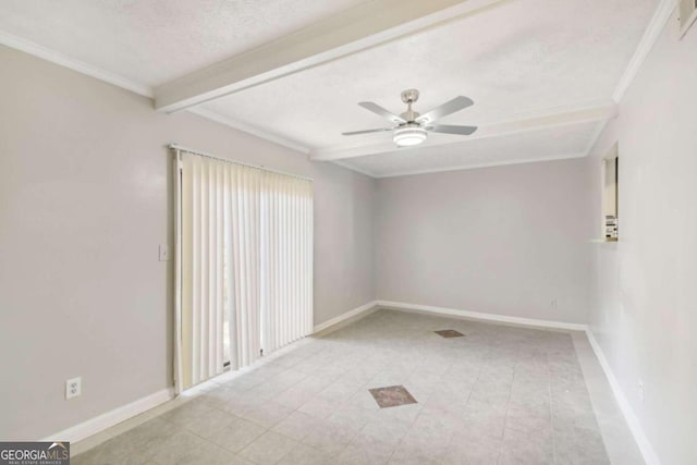 tiled spare room with beam ceiling, ceiling fan, a textured ceiling, and ornamental molding