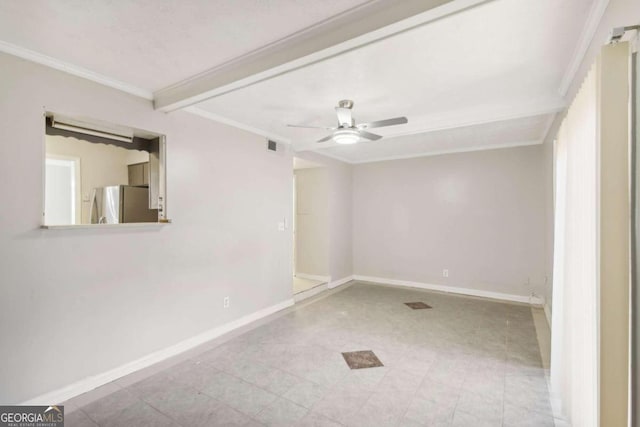 spare room with beamed ceiling, ceiling fan, and ornamental molding