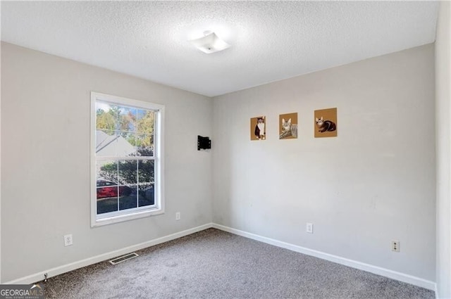 unfurnished room featuring a textured ceiling and carpet floors