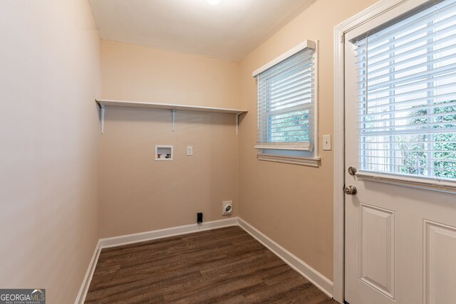 clothes washing area featuring hookup for a washing machine, dark hardwood / wood-style flooring, and a healthy amount of sunlight