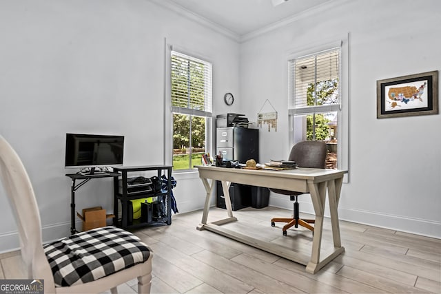 office with crown molding and light hardwood / wood-style flooring