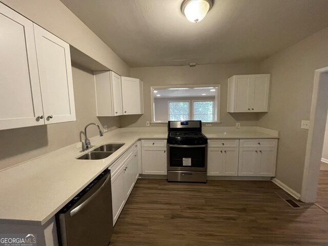 kitchen featuring white cabinets, dark hardwood / wood-style flooring, sink, and appliances with stainless steel finishes