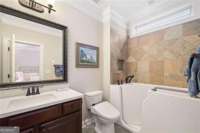 bathroom featuring toilet, vanity, a bath, and ornamental molding