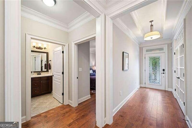 foyer with crown molding, sink, and wood-type flooring