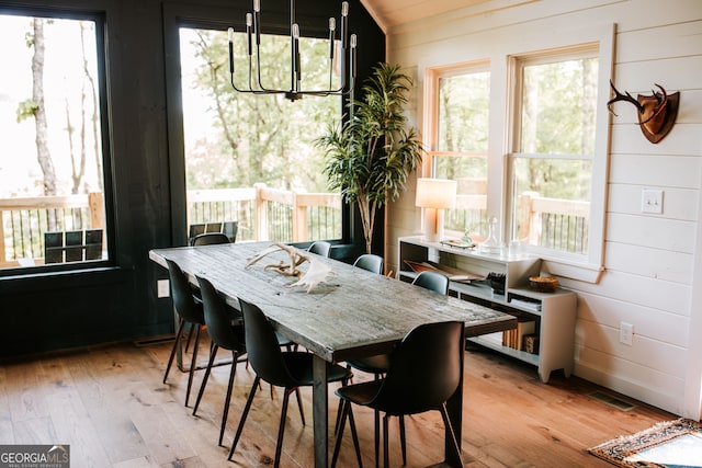 dining room with wood walls, a healthy amount of sunlight, and light hardwood / wood-style floors